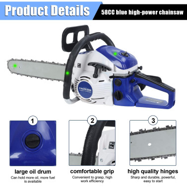 58cc Gas Chainsaw, 20 Inch Gas Powered Chainsaw, 2-Cycle Handheld Gas Chain, High-Power Logging Saw for Wood Cutting and Tree Trimming