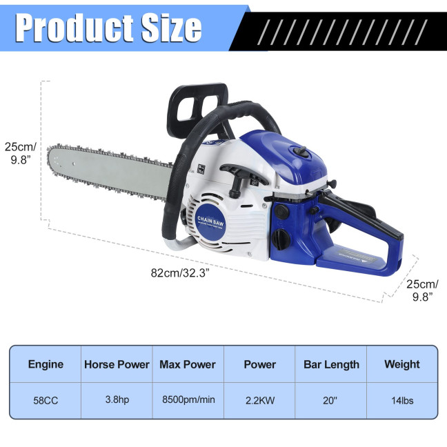 58cc Gas Chainsaw, 20 Inch Gas Powered Chainsaw, 2-Cycle Handheld Gas Chain, High-Power Logging Saw for Wood Cutting and Tree Trimming 58cc Gas Chainsaw, 20 Inch Gas Powered Chainsaw, 2-Cycle Handheld Gas Chain, High-Power Logging Saw for Wood Cutting and Tree Trimming