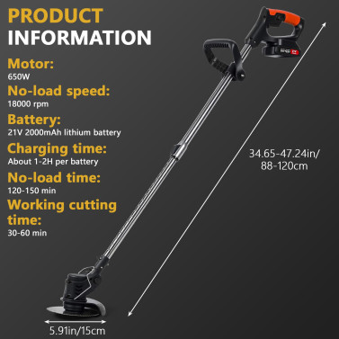 21V Electric Weed Wacker, Cordless Grass Trimmer with 2pcs 2000mAh Batteries & Charger, 3 in 1 Brush Cutter/Edger/Mower with 3 Types Blade for Garden Yard Lawn