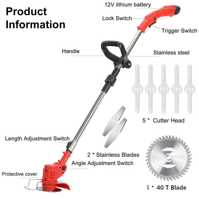 12V 2000mAh 2 Batteries 1 Charger Telescopic Rod Anti-slip Handle Weed Trimmer Cordless Electric Weed Lawn Eater Edger 12V 2000mAh 2 Batteries 1 Charger Telescopic Rod Anti-slip Handle Weed Trimmer Cordless Electric Weed Lawn Eater Edger