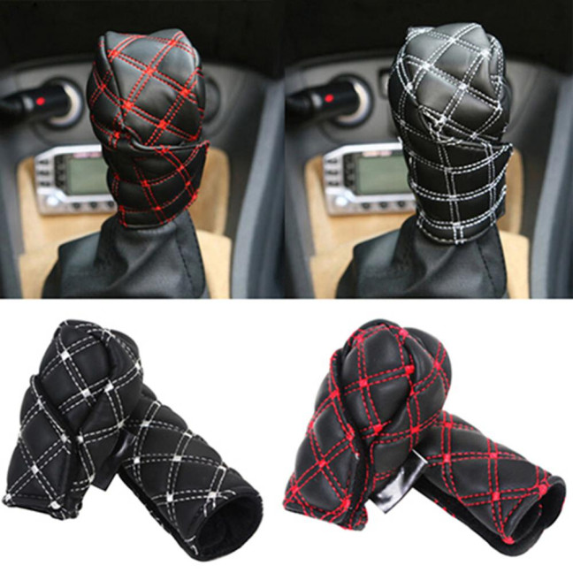 Car Faux Leather Gear Shift Knob Cover Hand Brake Cover Sleeve 2 in 1 Set