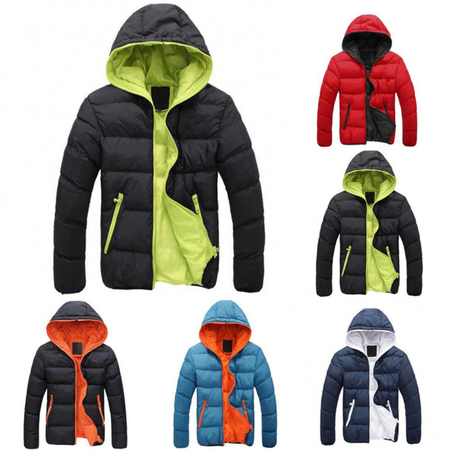 Men Color Block Zipper Hooded Cotton Padded Coat Slim Fit Thicken Outwear Jacket
