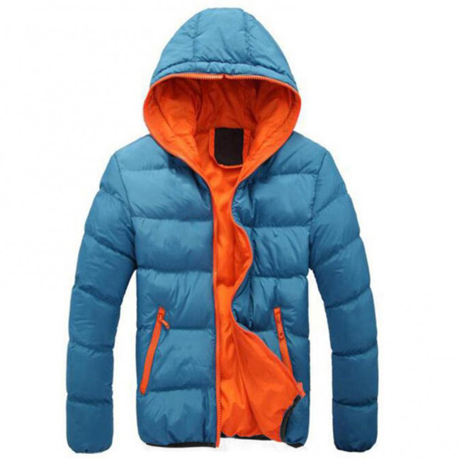 Men Color Block Zipper Hooded Cotton Padded Coat Slim Fit Thicken Outwear Jacket