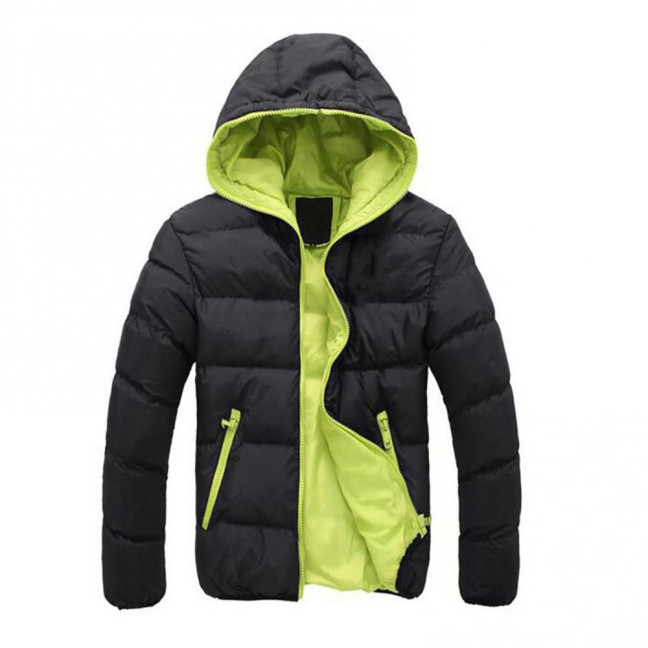Men Color Block Zipper Hooded Cotton Padded Coat Slim Fit Thicken Outwear Jacket