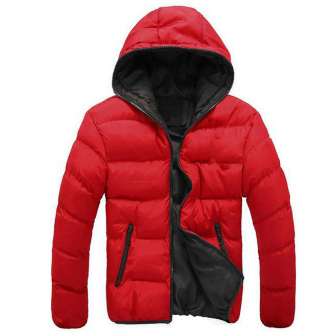 Men Color Block Zipper Hooded Cotton Padded Coat Slim Fit Thicken Outwear Jacket