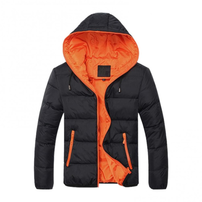 Men Color Block Zipper Hooded Cotton Padded Coat Slim Fit Thicken Outwear Jacket