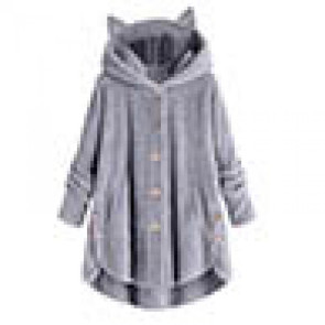 Cute Women Winter Cute Cats Ears Hooded Irregular Hem Buttons Jacket Fleece Coat