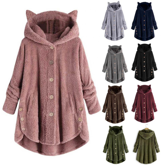 Cute Women Winter Cute Cats Ears Hooded Irregular Hem Buttons Jacket Fleece Coat Cute Women Winter Cute Cats Ears Hooded Irregular Hem Buttons Jacket Fleece Coat