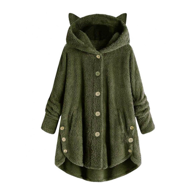 Cute Women Winter Cute Cats Ears Hooded Irregular Hem Buttons Jacket Fleece Coat Cute Women Winter Cute Cats Ears Hooded Irregular Hem Buttons Jacket Fleece Coat
