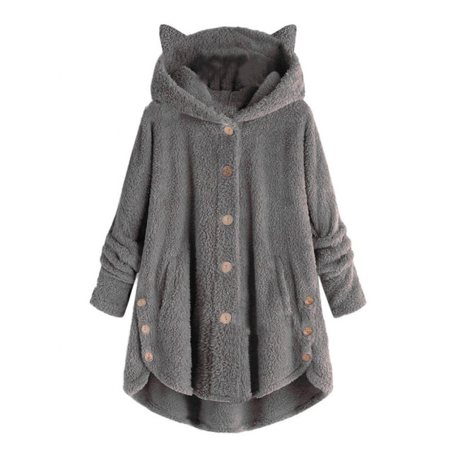 Cute Women Winter Cute Cats Ears Hooded Irregular Hem Buttons Jacket Fleece Coat Cute Women Winter Cute Cats Ears Hooded Irregular Hem Buttons Jacket Fleece Coat
