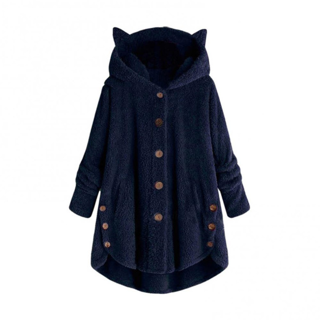 Cute Women Winter Cute Cats Ears Hooded Irregular Hem Buttons Jacket Fleece Coat Cute Women Winter Cute Cats Ears Hooded Irregular Hem Buttons Jacket Fleece Coat