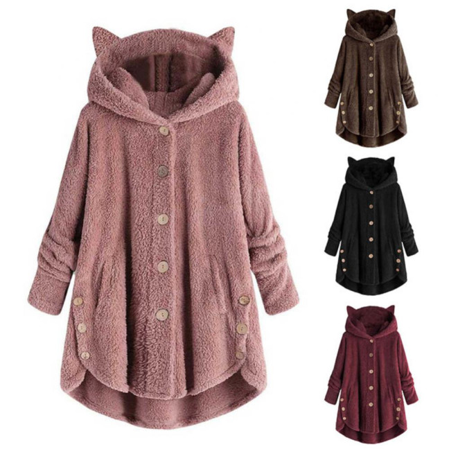 Cute Women Winter Cute Cats Ears Hooded Irregular Hem Buttons Jacket Fleece Coat Cute Women Winter Cute Cats Ears Hooded Irregular Hem Buttons Jacket Fleece Coat