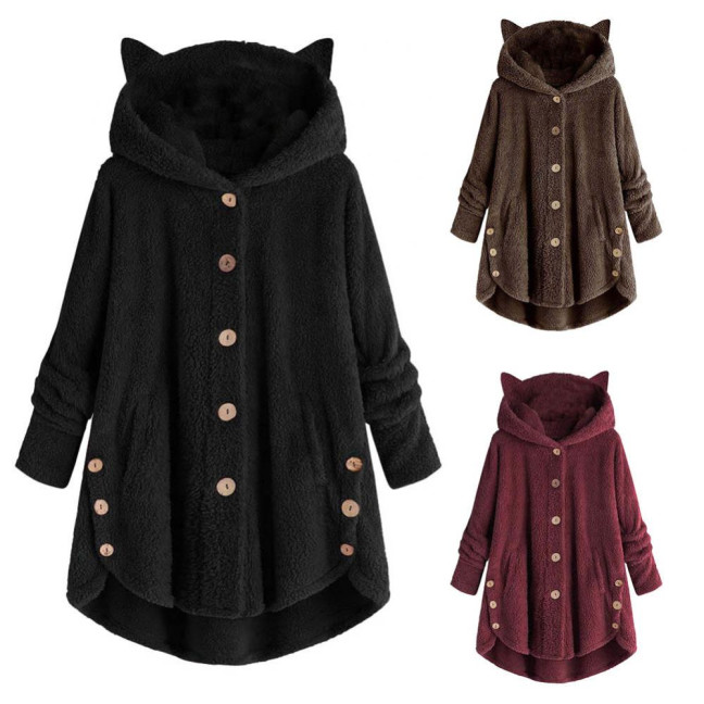 Cute Women Winter Cute Cats Ears Hooded Irregular Hem Buttons Jacket Fleece Coat Cute Women Winter Cute Cats Ears Hooded Irregular Hem Buttons Jacket Fleece Coat