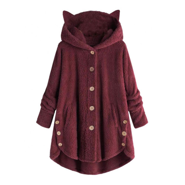 Cute Women Winter Cute Cats Ears Hooded Irregular Hem Buttons Jacket Fleece Coat Cute Women Winter Cute Cats Ears Hooded Irregular Hem Buttons Jacket Fleece Coat