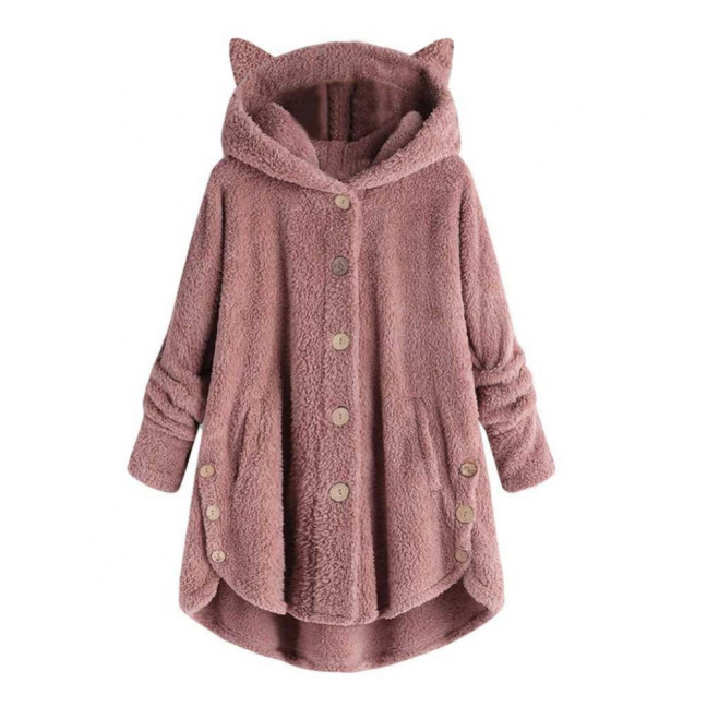 Cute Women Winter Cute Cats Ears Hooded Irregular Hem Buttons Jacket Fleece Coat Cute Women Winter Cute Cats Ears Hooded Irregular Hem Buttons Jacket Fleece Coat