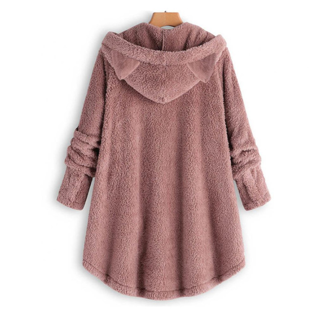 Cute Women Winter Cute Cats Ears Hooded Irregular Hem Buttons Jacket Fleece Coat Cute Women Winter Cute Cats Ears Hooded Irregular Hem Buttons Jacket Fleece Coat