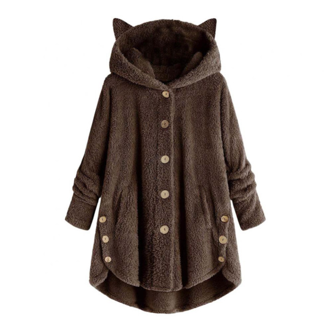 Cute Women Winter Cute Cats Ears Hooded Irregular Hem Buttons Jacket Fleece Coat Cute Women Winter Cute Cats Ears Hooded Irregular Hem Buttons Jacket Fleece Coat