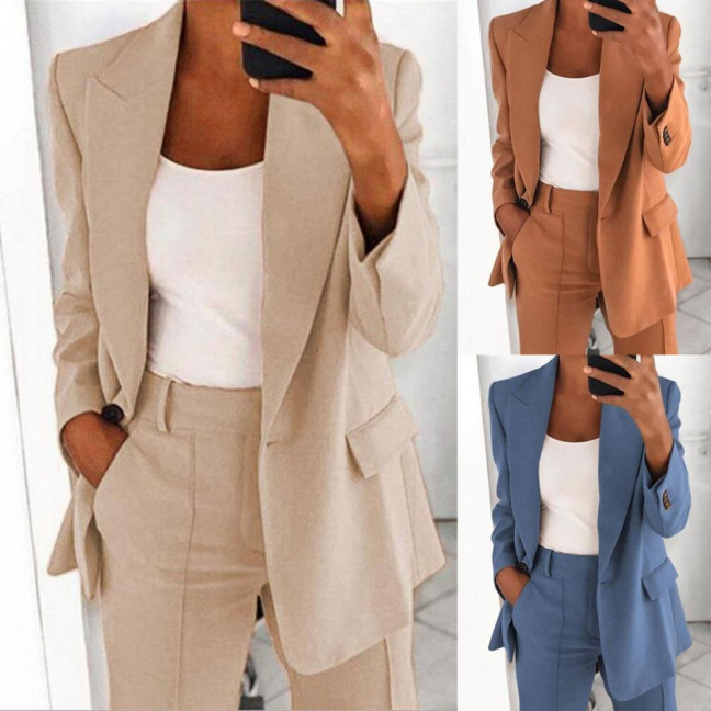 Suit Jacket Solid Color Turndown Collar Women Long Sleeve Buttons Blazer for Dating