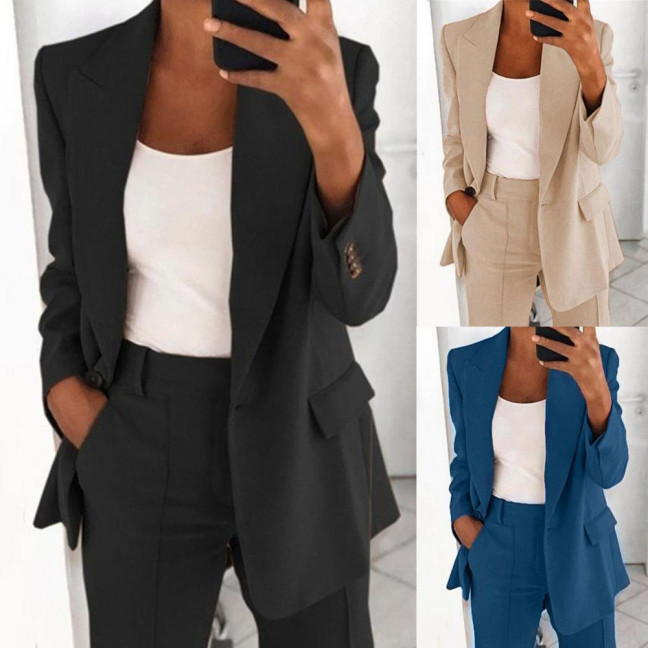 Suit Jacket Solid Color Turndown Collar Women Long Sleeve Buttons Blazer for Dating