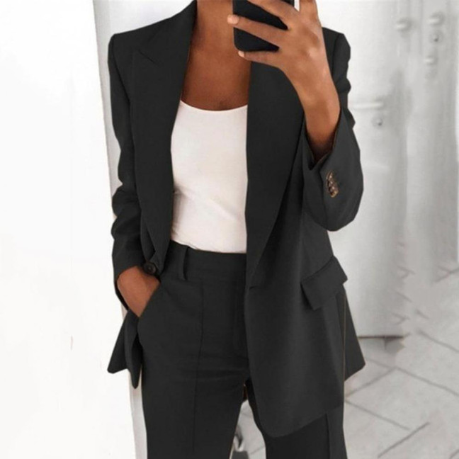 Suit Jacket Solid Color Turndown Collar Women Long Sleeve Buttons Blazer for Dating