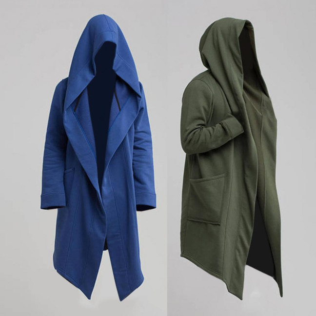 Men Coat Oversize Hooded Solid Color Cardigan Trench Coat for Autumn