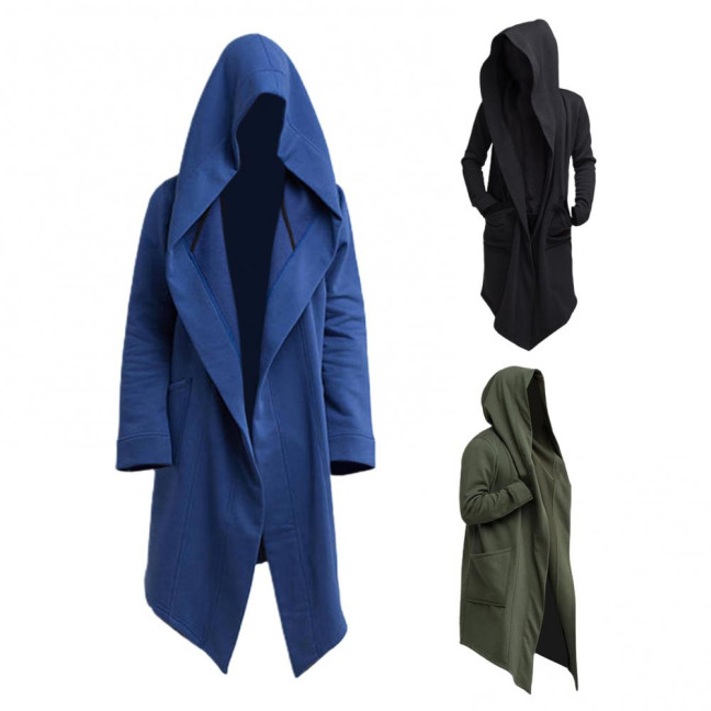 Men Coat Oversize Hooded Solid Color Cardigan Trench Coat for Autumn