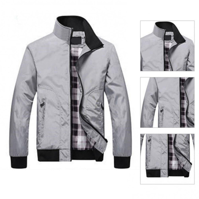 Men Coat Solid Color Stand Collar Pockets Elastic Cuff Spring Jacket for Daily Wear
