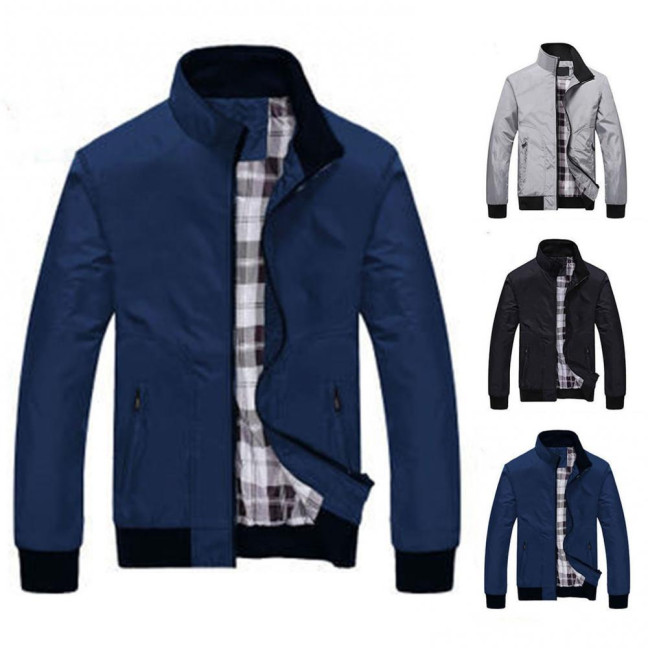 Men Coat Solid Color Stand Collar Pockets Elastic Cuff Spring Jacket for Daily Wear