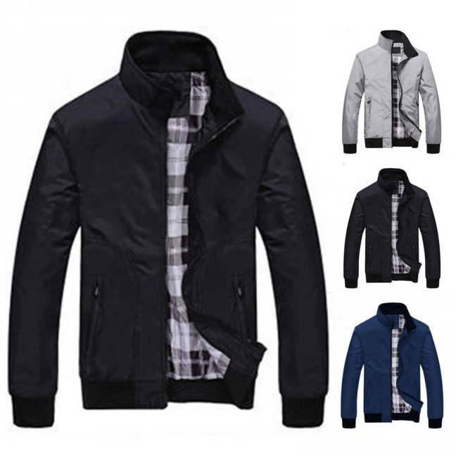 Men Coat Solid Color Stand Collar Pockets Elastic Cuff Spring Jacket for Daily Wear