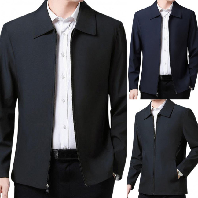 Men Coat Smooth Zipper Lapel Collar Solid Color Middle-aged Men Casual Jackets for Cold Weather