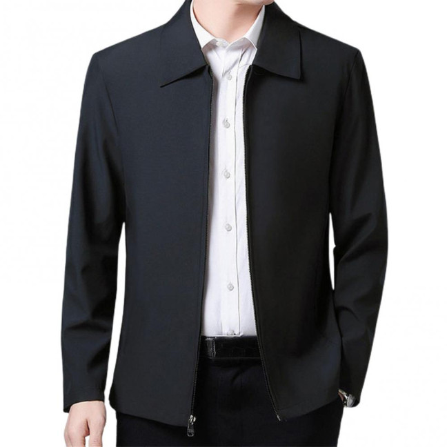 Men Coat Smooth Zipper Lapel Collar Solid Color Middle-aged Men Casual Jackets for Cold Weather