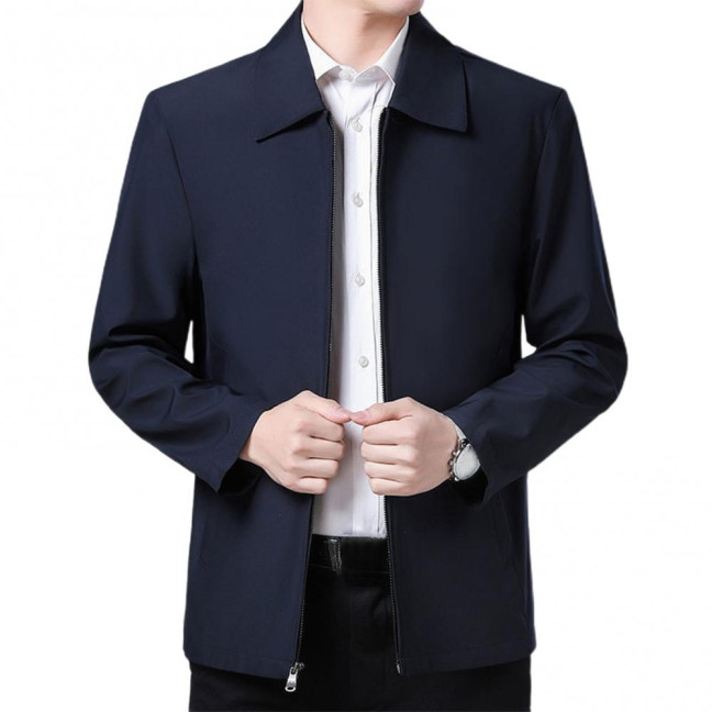 Men Coat Smooth Zipper Lapel Collar Solid Color Middle-aged Men Casual Jackets for Cold Weather