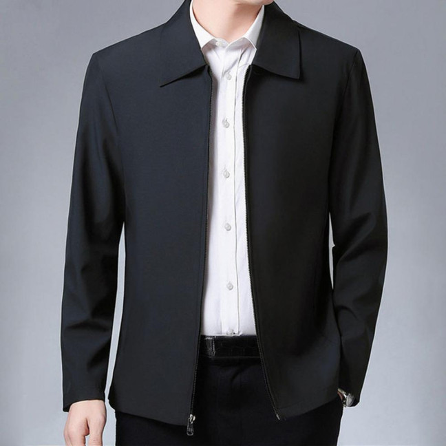 Men Coat Smooth Zipper Lapel Collar Solid Color Middle-aged Men Casual Jackets for Cold Weather