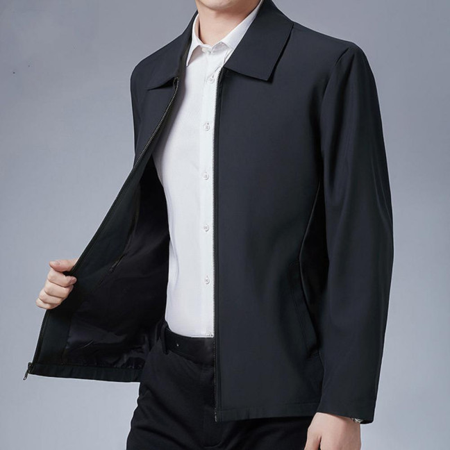 Men Coat Smooth Zipper Lapel Collar Solid Color Middle-aged Men Casual Jackets for Cold Weather