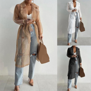 Shirt Coat Net Yarn See Through Spring Summer Lace-up Long Shirt for Daily Wear