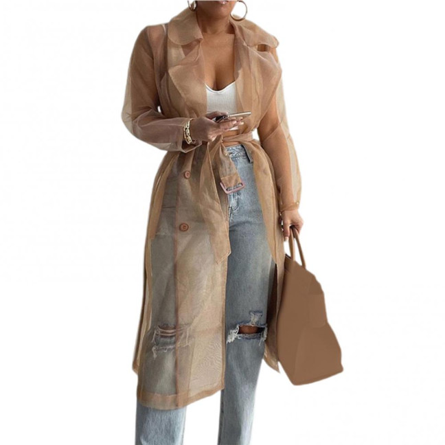 Shirt Coat Net Yarn See Through Spring Summer Lace-up Long Shirt for Daily Wear Shirt Coat Net Yarn See Through Spring Summer Lace-up Long Shirt for Daily Wear