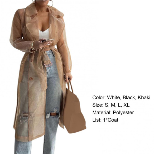 Shirt Coat Net Yarn See Through Spring Summer Lace-up Long Shirt for Daily Wear Shirt Coat Net Yarn See Through Spring Summer Lace-up Long Shirt for Daily Wear