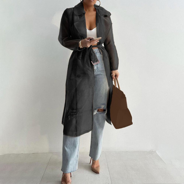 Shirt Coat Net Yarn See Through Spring Summer Lace-up Long Shirt for Daily Wear Shirt Coat Net Yarn See Through Spring Summer Lace-up Long Shirt for Daily Wear