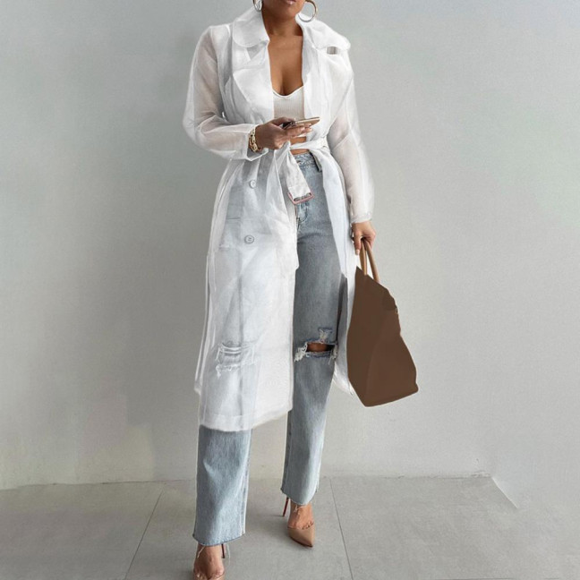 Shirt Coat Net Yarn See Through Spring Summer Lace-up Long Shirt for Daily Wear Shirt Coat Net Yarn See Through Spring Summer Lace-up Long Shirt for Daily Wear