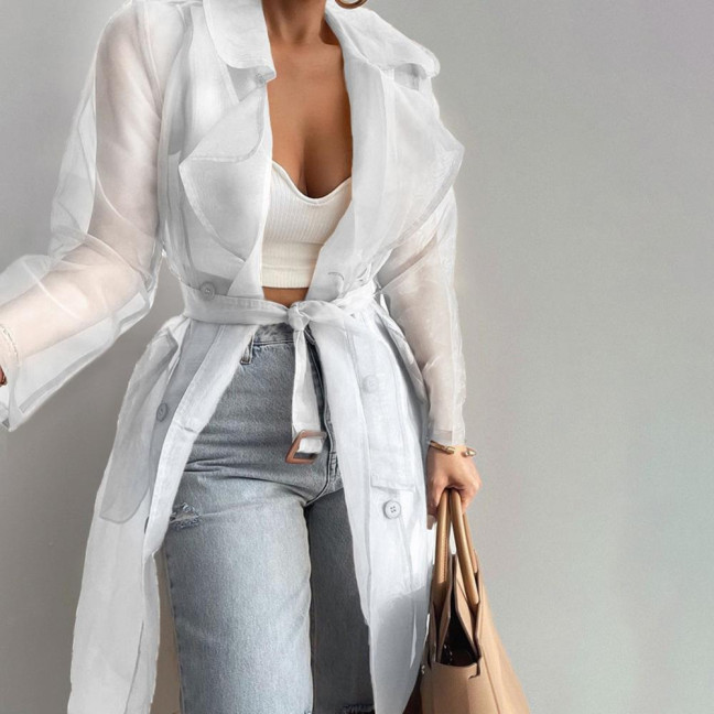 Shirt Coat Net Yarn See Through Spring Summer Lace-up Long Shirt for Daily Wear Shirt Coat Net Yarn See Through Spring Summer Lace-up Long Shirt for Daily Wear