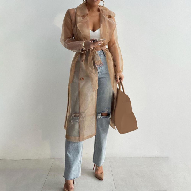 Shirt Coat Net Yarn See Through Spring Summer Lace-up Long Shirt for Daily Wear Shirt Coat Net Yarn See Through Spring Summer Lace-up Long Shirt for Daily Wear