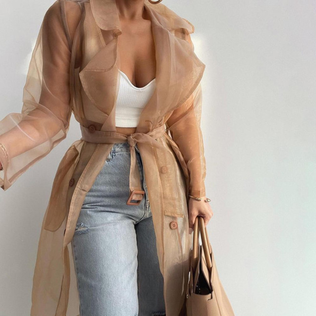 Shirt Coat Net Yarn See Through Spring Summer Lace-up Long Shirt for Daily Wear Shirt Coat Net Yarn See Through Spring Summer Lace-up Long Shirt for Daily Wear