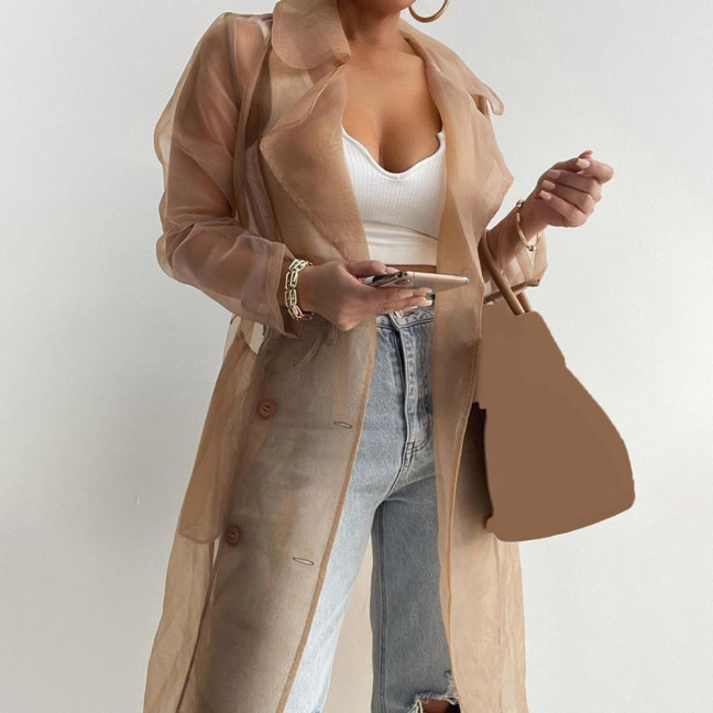 Shirt Coat Net Yarn See Through Spring Summer Lace-up Long Shirt for Daily Wear Shirt Coat Net Yarn See Through Spring Summer Lace-up Long Shirt for Daily Wear