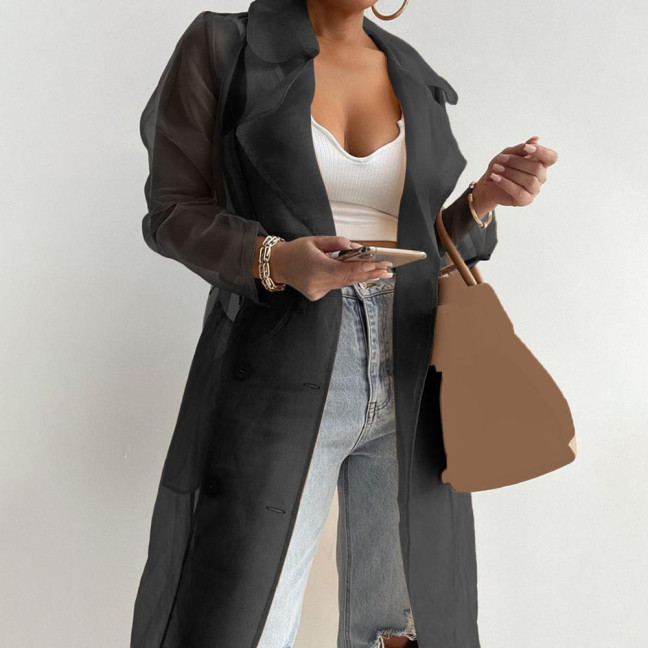Shirt Coat Net Yarn See Through Spring Summer Lace-up Long Shirt for Daily Wear Shirt Coat Net Yarn See Through Spring Summer Lace-up Long Shirt for Daily Wear