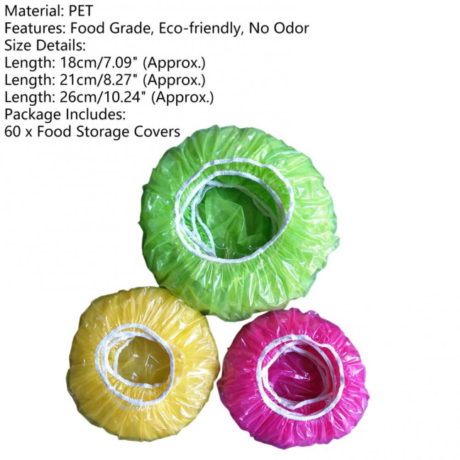 60Pcs Elastic Food Covers Food Grade Waterproof PET Elastic Food Storage Bags Stretch Wrap Bowl Covers Home Supplies
