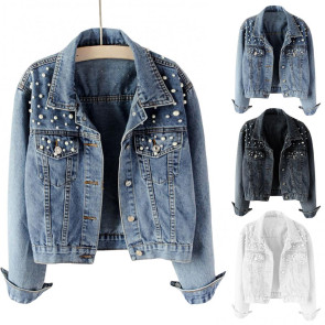 Women Denim Jacket Solid Color Single-breasted Short Breathable Keep Warm Beads Decor Long Sleeves Cardigan Imitation Pearl Autumn Coat Female Clothes