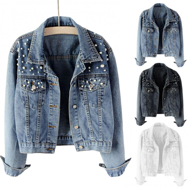 Women Denim Jacket Solid Color Single-breasted Short Breathable Keep Warm Beads Decor Long Sleeves Cardigan Imitation Pearl Autumn Coat Female Clothes