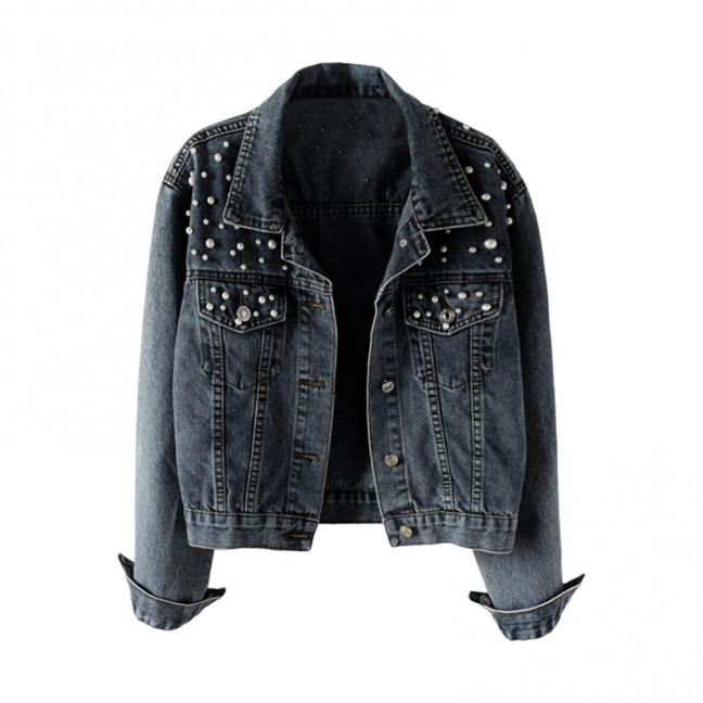 Women Denim Jacket Solid Color Single-breasted Short Breathable Keep Warm Beads Decor Long Sleeves Cardigan Imitation Pearl Autumn Coat Female Clothes