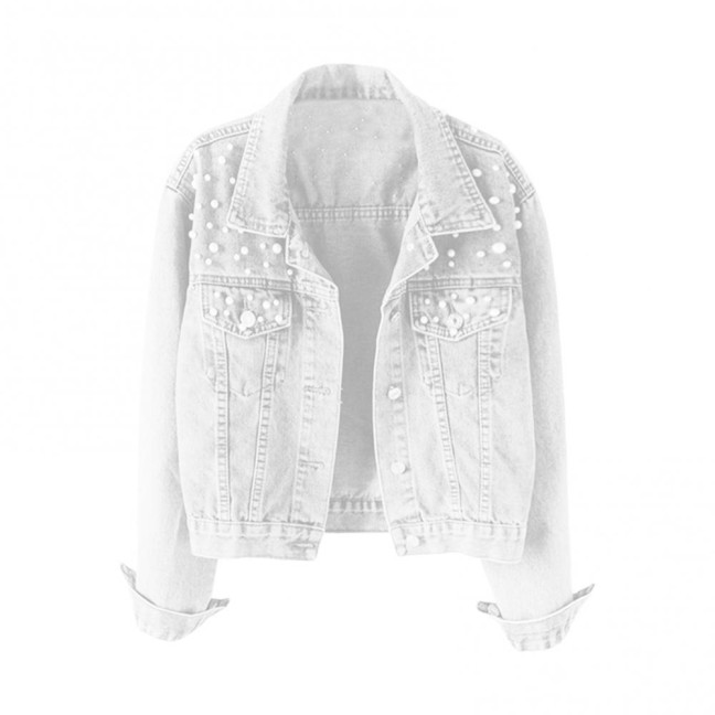 Women Denim Jacket Solid Color Single-breasted Short Breathable Keep Warm Beads Decor Long Sleeves Cardigan Imitation Pearl Autumn Coat Female Clothes