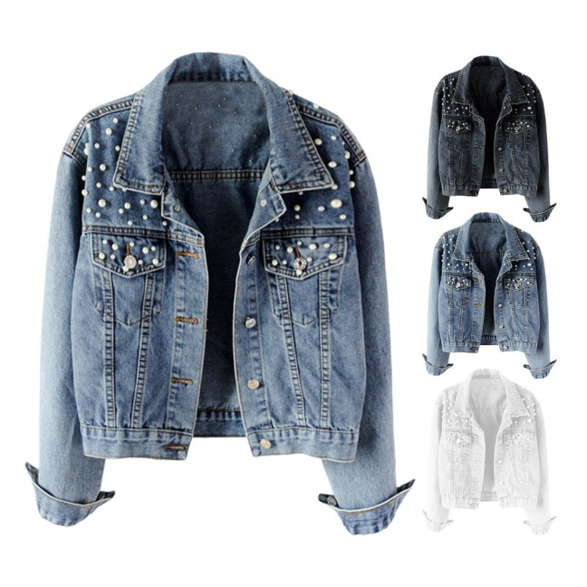 Women Denim Jacket Solid Color Single-breasted Short Breathable Keep Warm Beads Decor Long Sleeves Cardigan Imitation Pearl Autumn Coat Female Clothes